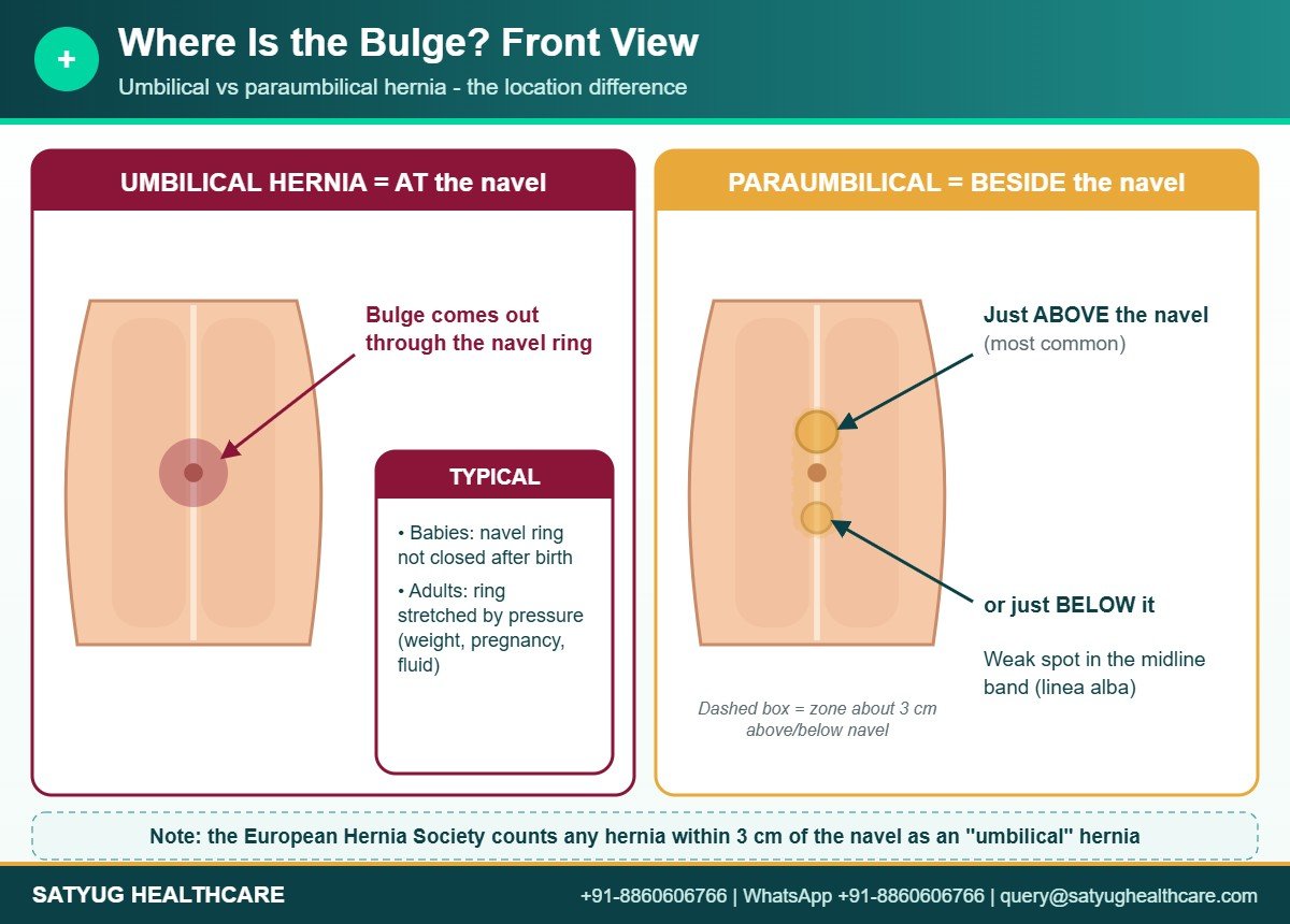 Front view showing umbilical hernia at the navel and paraumbilical hernia above or below it