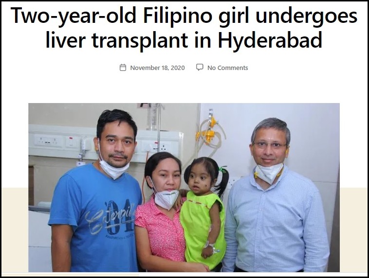 two years old filipino girl underwent liver transpalnt surgery inKIMS Hospital  Hyderabad  India 
