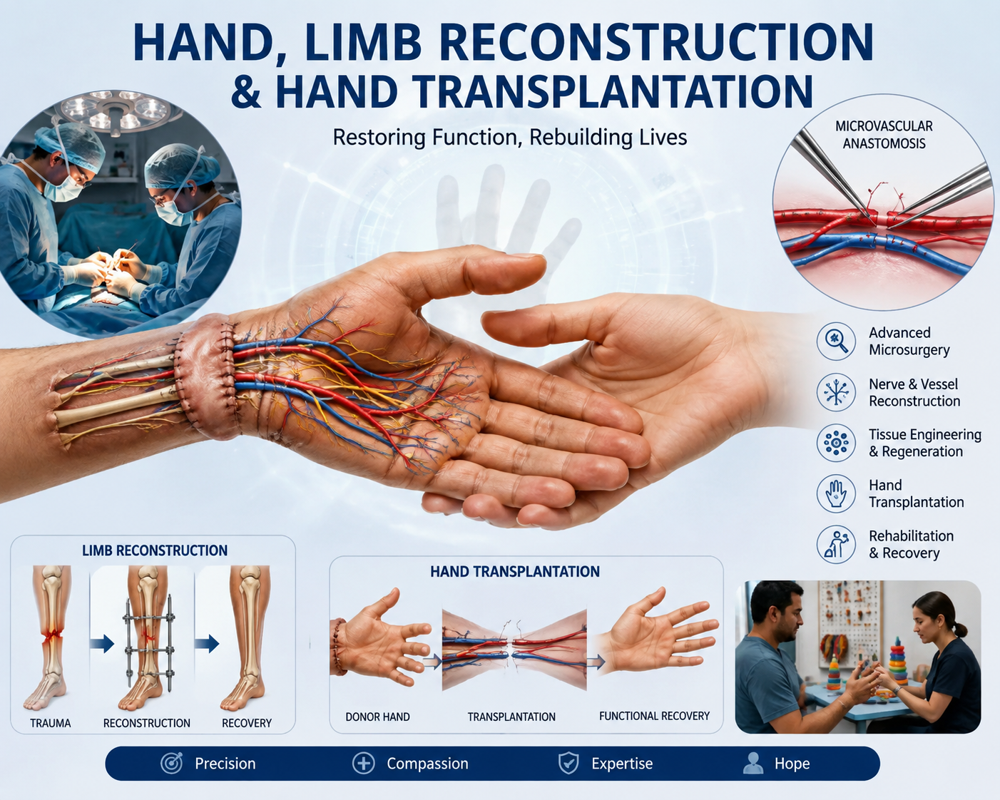 Hand, limb reconstruction, and hand transplantation surgery in India
